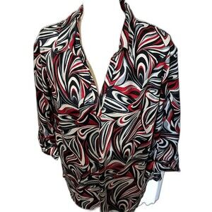 Blue Diamond Plus Blouse Size 18 Red Black Gray Swirl Print 3/4 Sleeve V-Neck